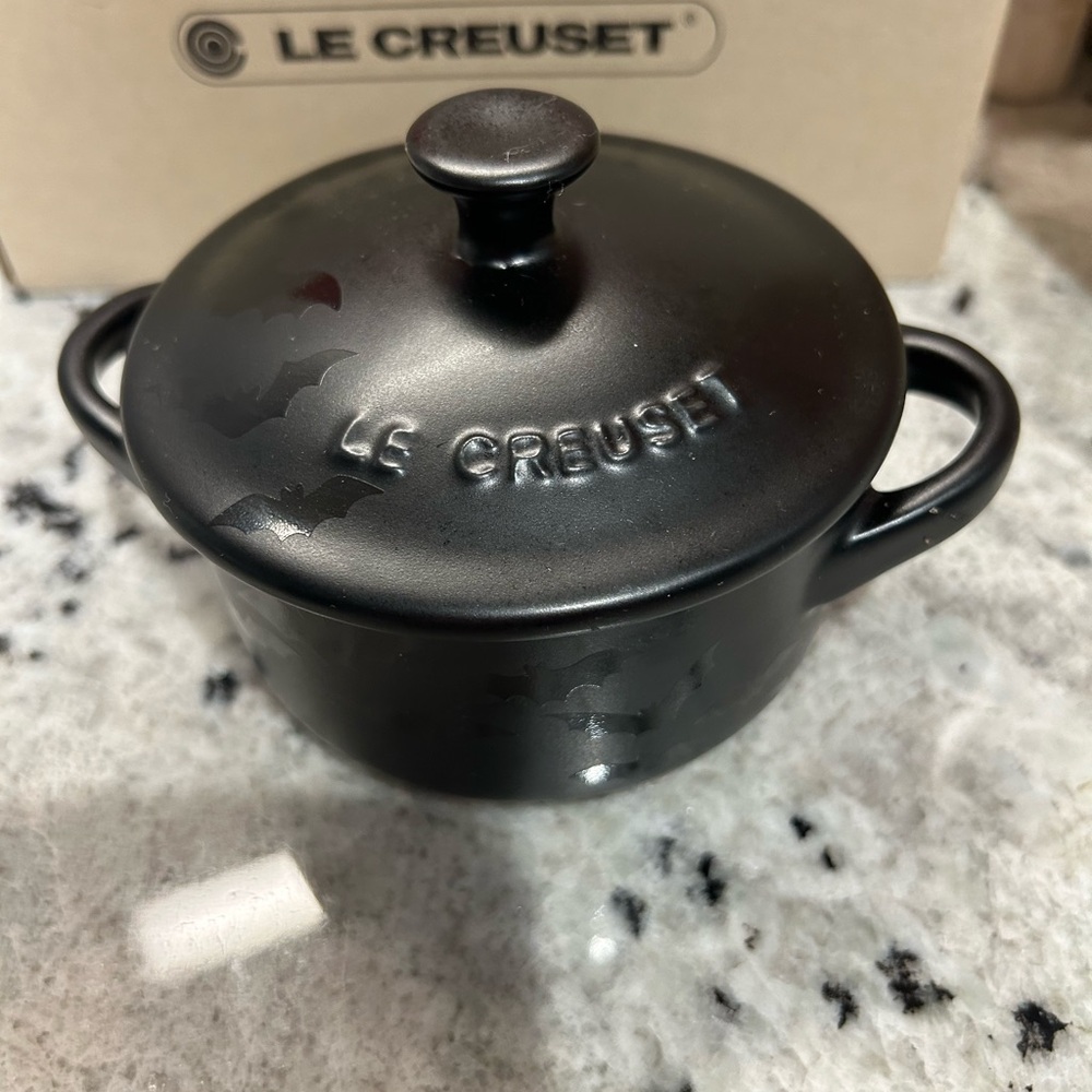 Halloween Le Creuset Matte Black Mini Cocotte with Bats.